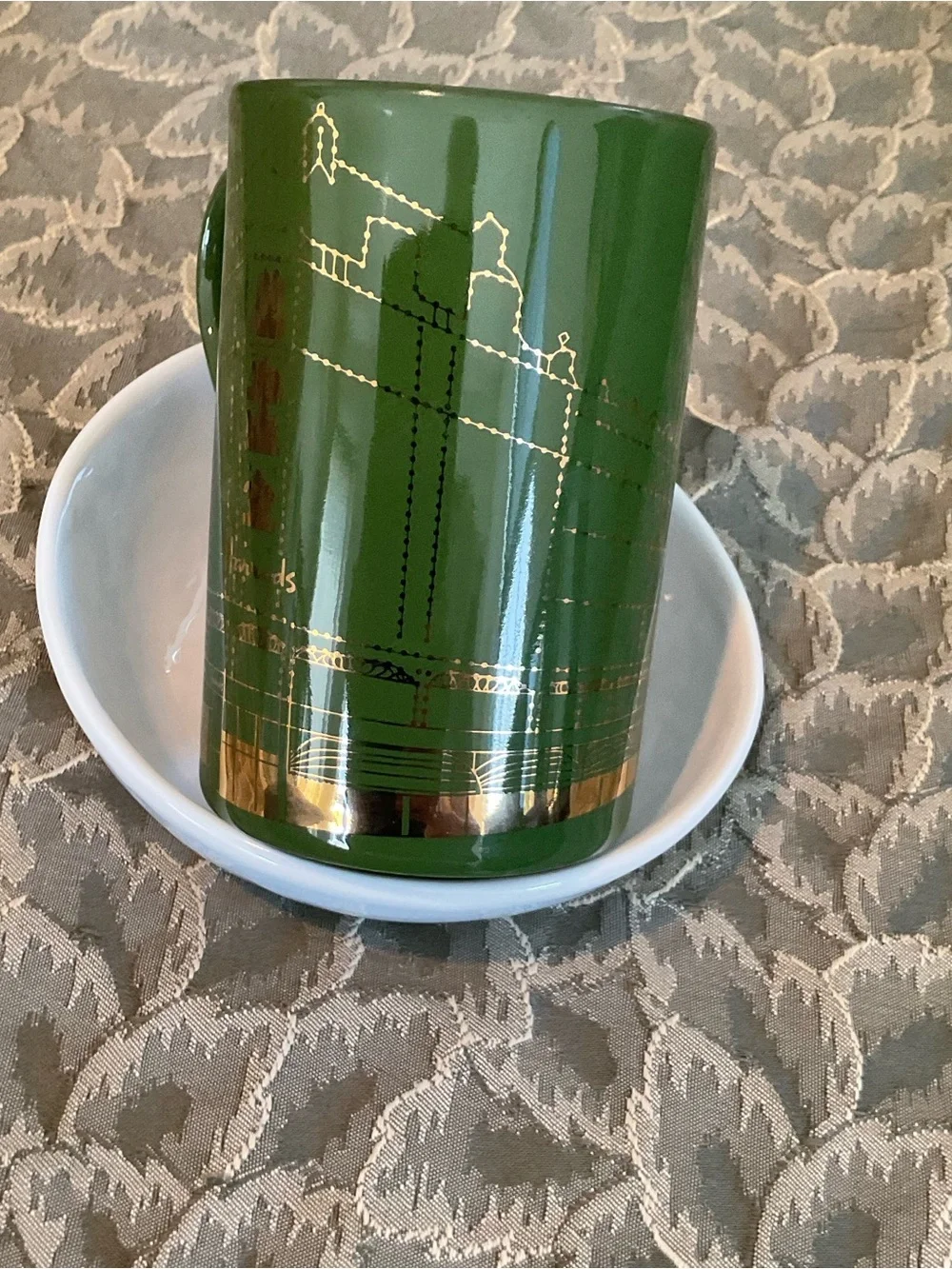 Harrods Knightsbridge Green Stoneware Mug with Gold Decoration Made in Scotland